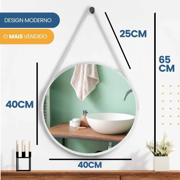 Espelho Redondo Decorativo Adnet Supenso Parede 40cm + Suporte - Imagem 2