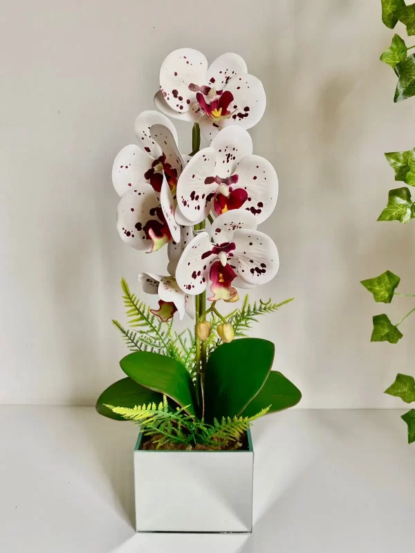 Arranjo Centro De Mesa Orquídeas Tigre com Branco em Vaso Espelhado de Vidro - Imagem 3