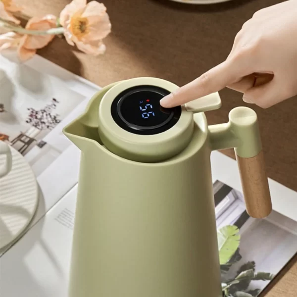 Garrafa Térmica Termometro Digital 1L Café Chá Nórdica Com Cabo Madeira - Imagem 3