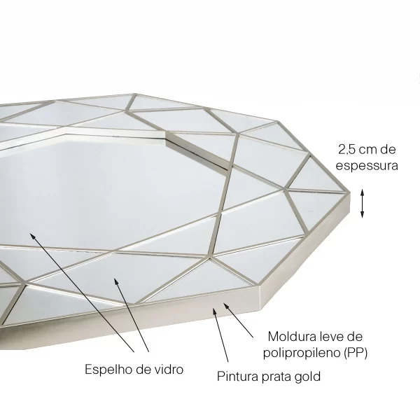 Espelho Decorativo Urban Octogonal 55x55x2,5 cm Prata - Imagem 4