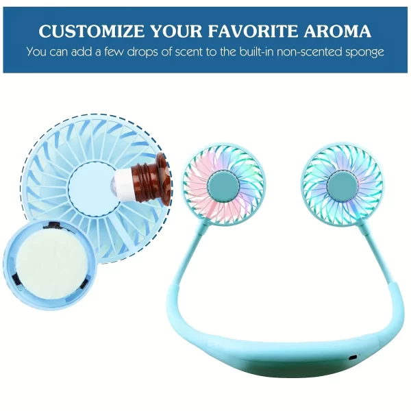 Ventilador Portátil Do Pescoço Com Aromaterapia, LED-Bateria De Lítio Recarregável, Rotação 360 ° - Imagem 2