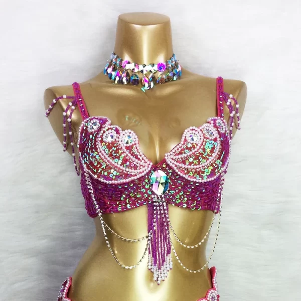 Frisadas Lantejoulas Figurinos de Dança do Ventre para Mulheres, Roupas Profissionais Dançarinas do Ventre, Sexy Stage e Dance Carnival Tops, Sutiã nos EUA Tamanho - Imagem 5