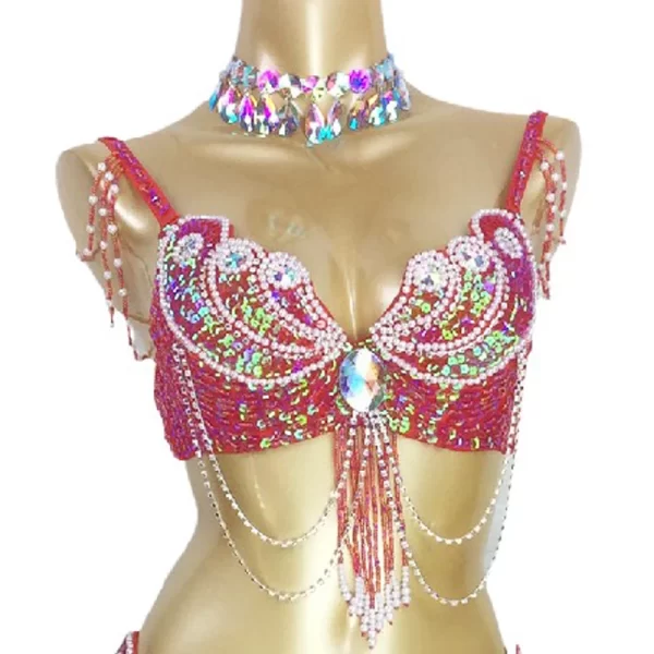 Frisadas Lantejoulas Figurinos de Dança do Ventre para Mulheres, Roupas Profissionais Dançarinas do Ventre, Sexy Stage e Dance Carnival Tops, Sutiã nos EUA Tamanho - Imagem 6
