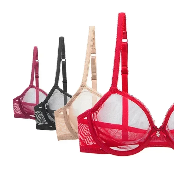Novo vermelho transparente sutiãs para mulher plus size lingerie sexy push up renda malha meninas sutiã superior ver através branco preto 40 42 a b c d - Imagem 2