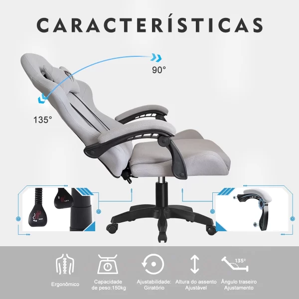 Cadeira de jogos reclinável de 180 graus, adequada para sentar por longos períodos, ergonomia, tecido, cinza claro - Imagem 5