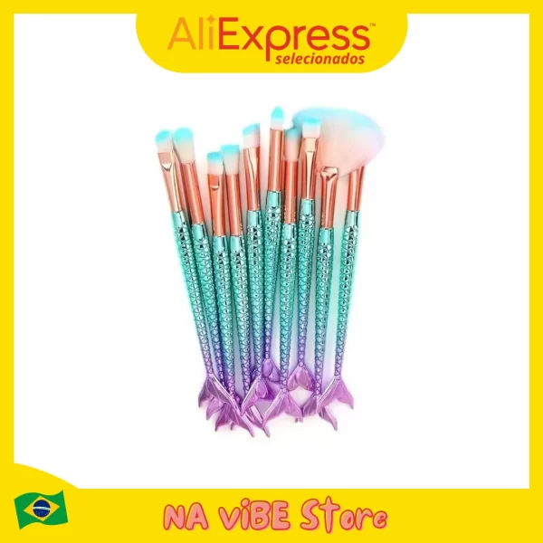 Kit 10 Pincéis de Maquiagem Sereia 10 Peças Conjunto Completo p/ Aplicação e Finalização de Maquiagem Profissional Com Qualidade