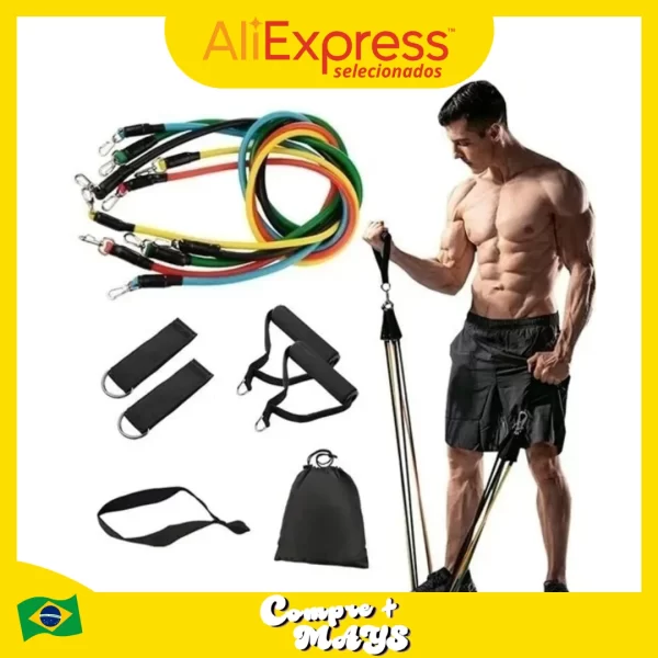 Kit Elástico Extensor Completo 11 Itens Musculação Funcional Treino em Casa Prático Portátil Alta Resistência para Exercícios