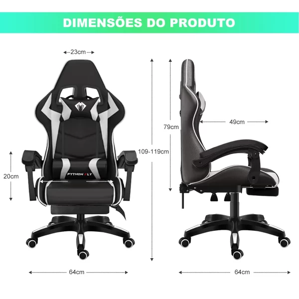 Cadeira gamer de última geração, ergonômica, regulável em altura, plana, com apoio para os pés (preto) - Imagem 3