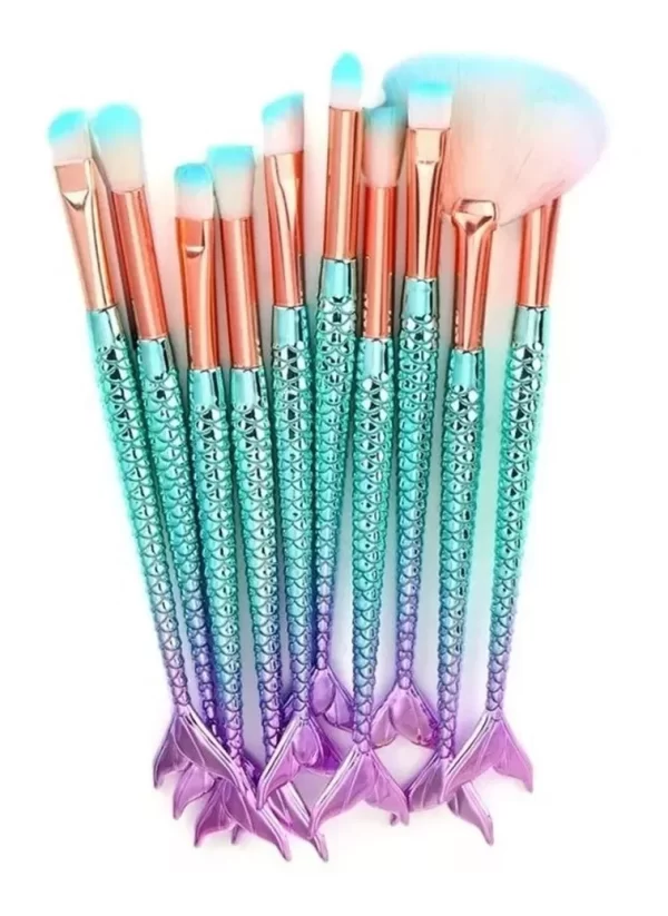 Kit 10 Pincéis de Maquiagem Sereia Profissional Conjunto Completo Pincel Facial Olhos Blush Contorno Beleza Make - Imagem 4