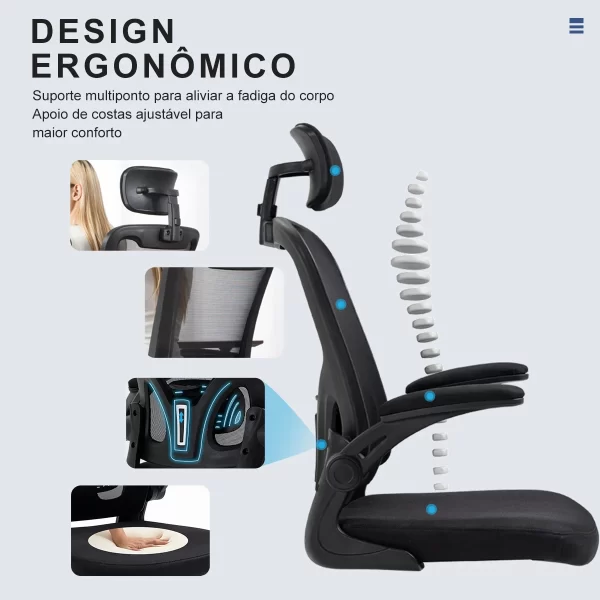 Cadeira de escritório, design ergonômico com suporte lombar independente, malha respirável e encosto de cabeça ajustável（Preto - Imagem 5