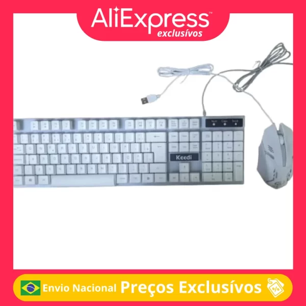 Kit Teclado e Mouse Gamer KEEDI-TEC800 Iluminação LED Branco USB ABNT2 Teclado Membrana Mouse Ergonômico PC Computador Notebook