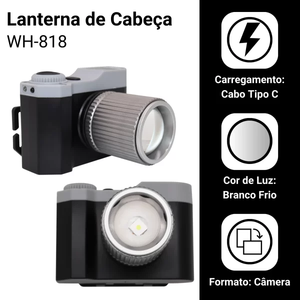 Lanterna De Cabeça Led Recarregável Modelo Câmera Zoom Wh818 - Imagem 4