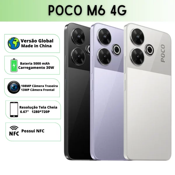 Celular Xiaomi POCO M6 | Câmera 108MP , Processador Mediatek Helio G91 Ultra (12 nm), Bateria 5030mah, Carregamento 30W