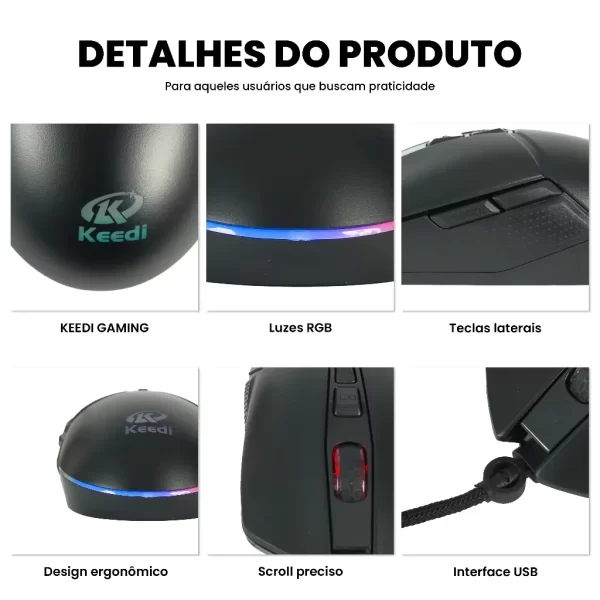 Mouse Gamer Rgb Keedi Mou906 Usb Com Fio 7 Botoes Precisao Alta 3200 Dpi Iluminacao Colorida Ergonômico Leve Barato Pc Notebook - Imagem 6