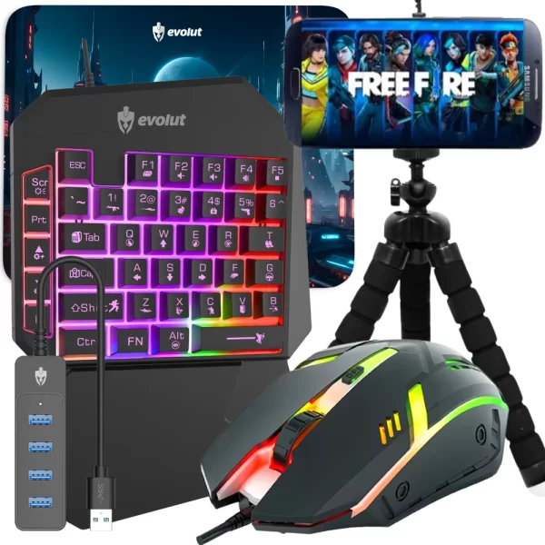 Kit Gamer Mobilador One Hand 60% Preto Led com fio Celular Teclado Mouse Tripé Usb Rgb Otg Tripé