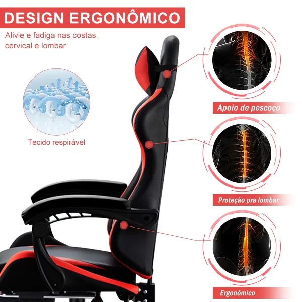 Cadeira gamer de última geração, ergonômica, regulável em altura, plana, com apoio para os pés (vermelha) - Imagem 5
