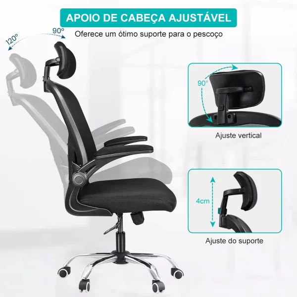 Cadeira de escritório, design ergonômico com suporte lombar independente, malha respirável e encosto de cabeça ajustável（Preto - Imagem 4