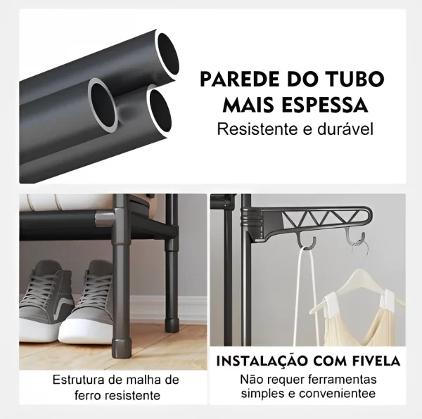 Guarda Roupa Portatil Arara Multifuncional Desmontavel Arara De Roupa Cabideiro Chão Sapateira Rack Organizador - Neverdie Store - Imagem 3