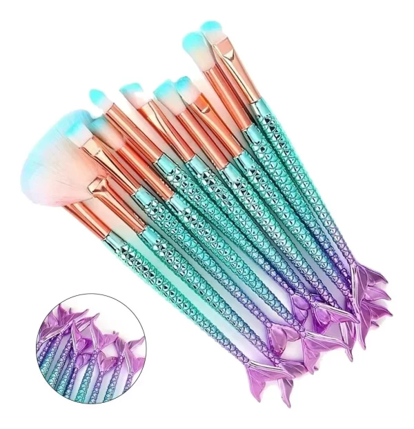 Kit 10 Pincéis de Maquiagem Sereia Profissional Conjunto Completo Pincel Facial Olhos Blush Contorno Beleza Make - Imagem 3