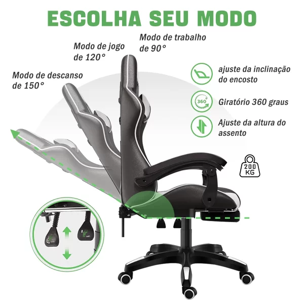 Cadeira gamer de última geração, ergonômica, regulável em altura, plana, com apoio para os pés (preto) - Imagem 4