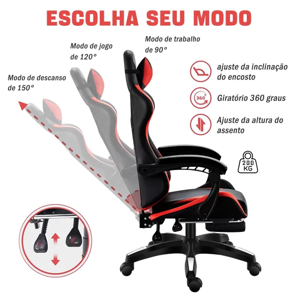 Cadeira gamer de última geração, ergonômica, regulável em altura, plana, com apoio para os pés (vermelha) - Imagem 6