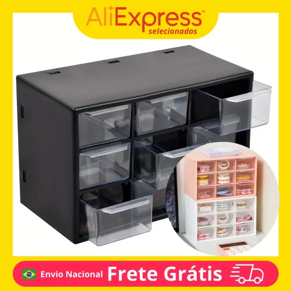 Gaveteiro Organizador Multiuso 9 Gavetas – Plástico Resistente, Escritório, Maquiagem, Ferramentas, Cozinha, Porta Joias