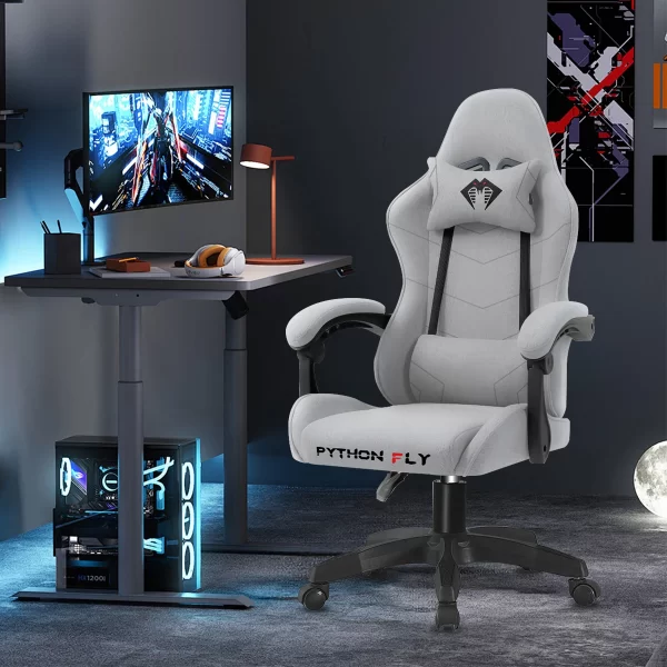 Cadeira de jogos reclinável de 180 graus, adequada para sentar por longos períodos, ergonomia, tecido, cinza claro