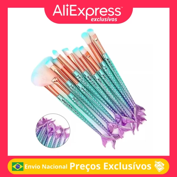Kit 10 Pincéis de Maquiagem Sereia Profissional Conjunto Completo Pincel Facial Olhos Blush Contorno Beleza Make