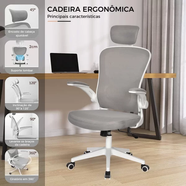 Cadeira de escritório, design ergonômico com suporte lombar independente, malha respirável e encosto de cabeça ajustável（Cinza