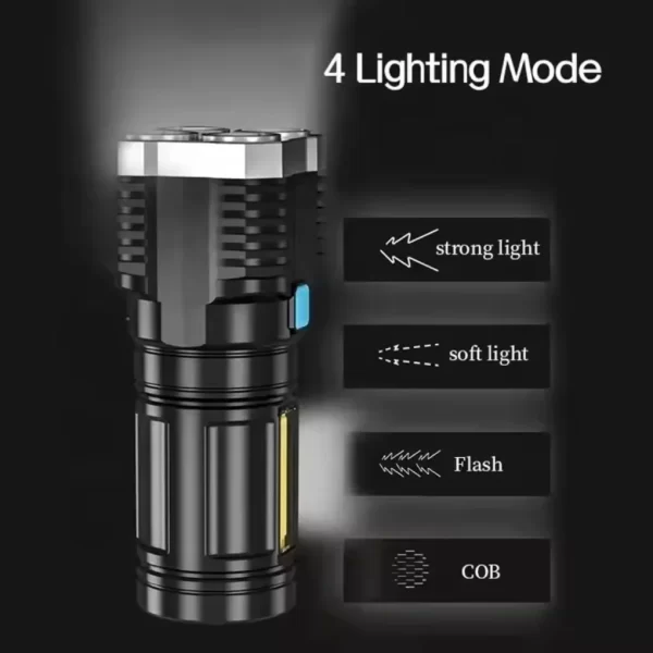 Lanterna LED USB Recarregável Tocha Cob 4LED Potente Compacta Durável Multifuncional Versátil Iluminação Alta Qualidade Camping - Imagem 6
