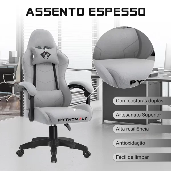 Cadeira de jogos reclinável de 180 graus, adequada para sentar por longos períodos, ergonomia, tecido, cinza claro - Imagem 3