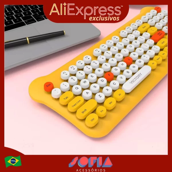 Teclado Mouse Wireless Estilo Retrô Colorido Portátil USB Rosa Lilás Amarelo VT-212 Compacto Prático para PC Laptop Tablet