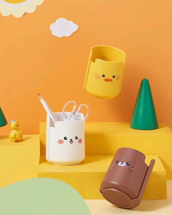 Organizador criativo caneta titular dos desenhos animados pequeno pato amarelo caneta caixa de papelaria armazenamento de escova - Imagem 5