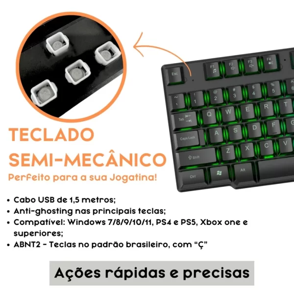 Kit Gamer Teclado Semi-mecânico + Mouse Gamer RGB Dpi + Mouse Pad Computador Notebook e Vídeogame - Imagem 2