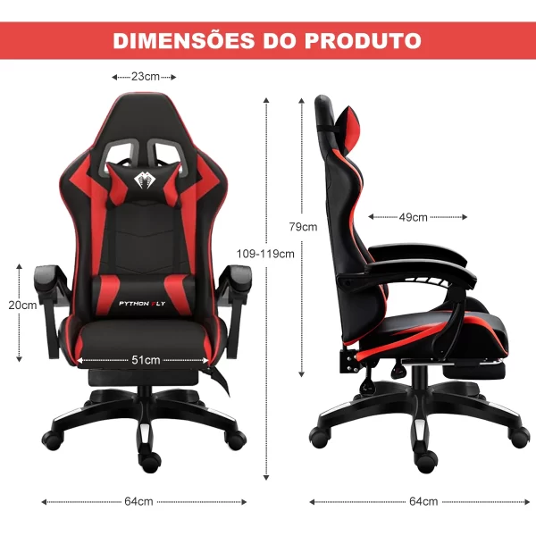 Cadeira gamer de última geração, ergonômica, regulável em altura, plana, com apoio para os pés (vermelha) - Imagem 4