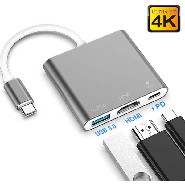 COMPRE MAYS STORE - HUB 3 em 1 Tipo C para HDMI USB 3.0 Conversor 4K / Adaptador Shell Alumínio Resistente e Eficaz Fácil uso