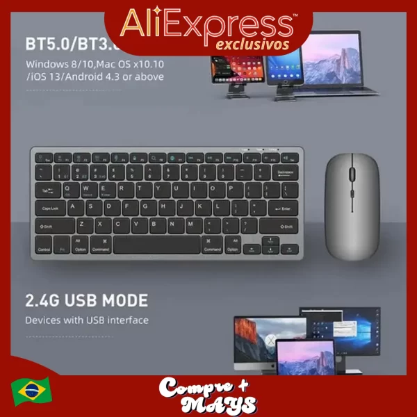 Kit Teclado e Mouse Bluetooth Wireless Slim 1000dpi Compatível com iPad Android iOS Confortável e Prático para Uso em Casa