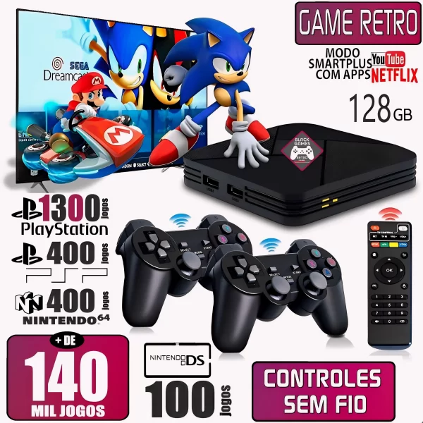 Vídeo Game Retro 2024 140.000 Mil Jogos Clássicos 128gb Com 2 Controles Sem Fio