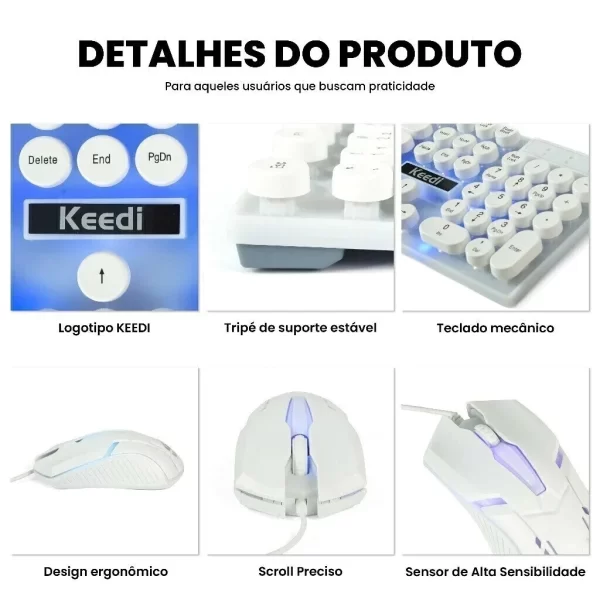 Kit Teclado e Mouse TEC802 Retrô Iluminado USB Teclas Redondas ABNT2 Design Vintage Ergonômico Para Jogos PC Gamer Notebook - Imagem 4