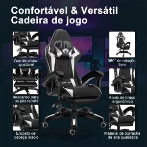 Cadeira gamer de última geração, ergonômica, regulável em altura, plana, com apoio para os pés (preto)