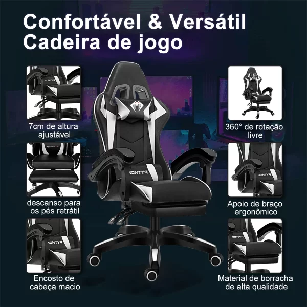 Cadeira gamer de última geração, ergonômica, regulável em altura, plana, com apoio para os pés (preto)