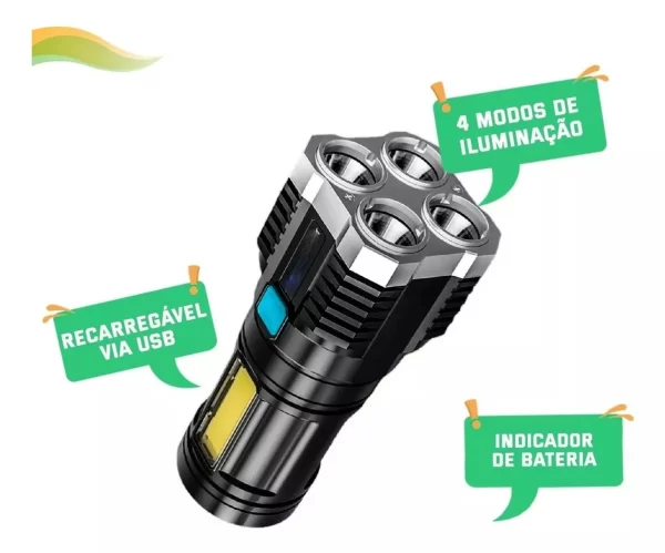 Lanterna LED Recarregável 4LED para Acampamento Visão Ampla Máxima Visibilidade e Confiabilidade Ideal para Atividades Noturnas - Imagem 5