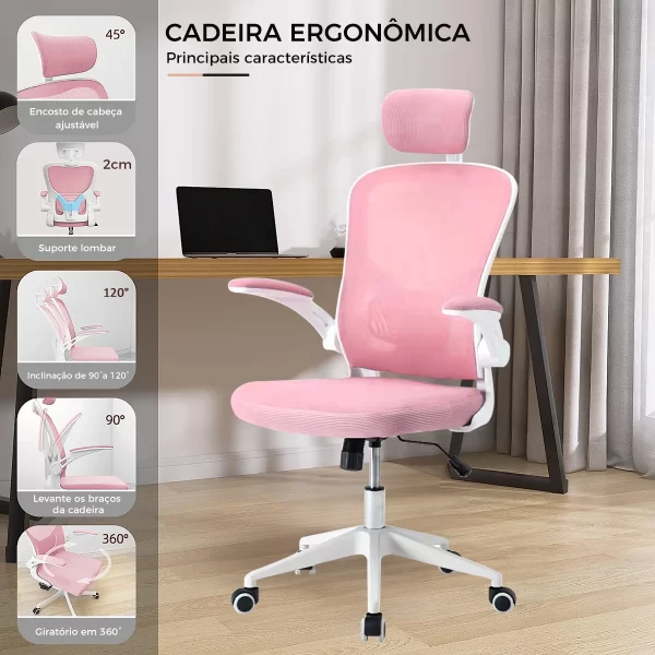 Cadeira de escritório, design ergonômico com suporte lombar independente, malha respirável e encosto de cabeça ajustável（pink）