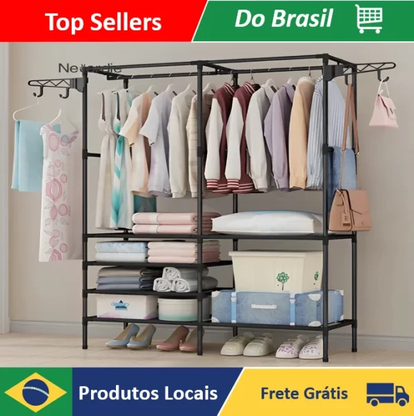 Guarda Roupa Portatil Arara Multifuncional Desmontavel Arara De Roupa Cabideiro Chão Sapateira Rack Organizador - Neverdie Store