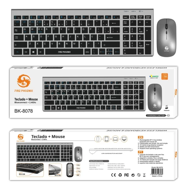 Kit Teclado E Mouse Bluetooth Wireless Sem Fio 2.4g Recarregável Abnt2 Bk-8078 - Imagem 5