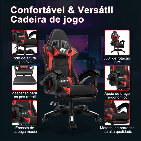 Cadeira gamer de última geração, ergonômica, regulável em altura, plana, com apoio para os pés (vermelha)
