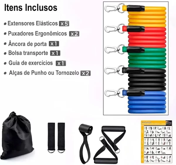 Kit Elástico Extensor Completo 11 Itens Musculação Funcional Treino em Casa Prático Portátil Alta Resistência para Exercícios - Imagem 2