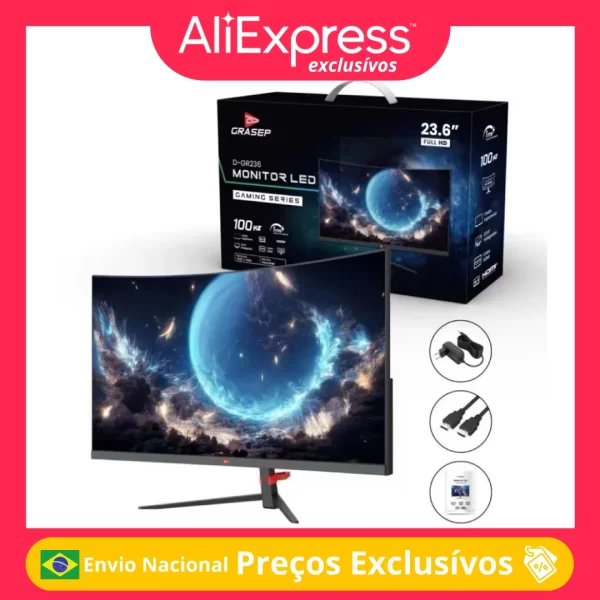 Monitor Gamer Curvo LED 23.6 Polegadas Full HD Tela Curva Grasep D-GR236 Para PC Console PS4 PS5 Xbox Entrada HDMI VGA Suporte