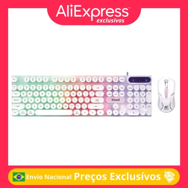 Kit Teclado e Mouse TEC802 Retrô Iluminado USB Teclas Redondas ABNT2 Design Vintage Ergonômico Para Jogos PC Gamer Notebook