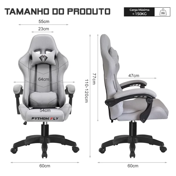Cadeira de jogos reclinável de 180 graus, adequada para sentar por longos períodos, ergonomia, tecido, cinza claro - Imagem 2